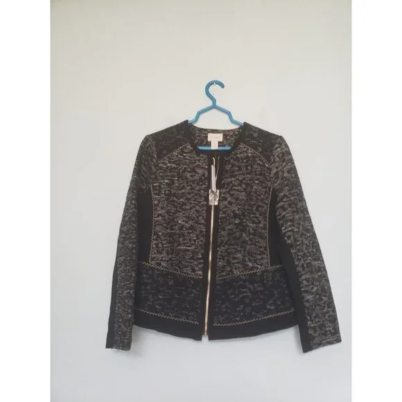 Chico's 1 Womens 8 S Jacket Full Zipper Gray Heather Pieced Jacquard Black NWT - Picture 1 of 7